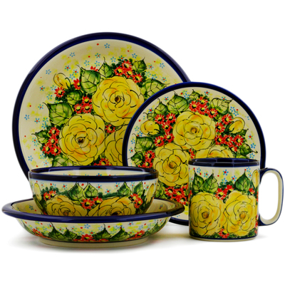 Polish Pottery Place Setting 5-Piece: Mug, Bowl, Pasta Bowl, Dinner Plate, Dessert Plate Yellow Blooming Rose UNIKAT
