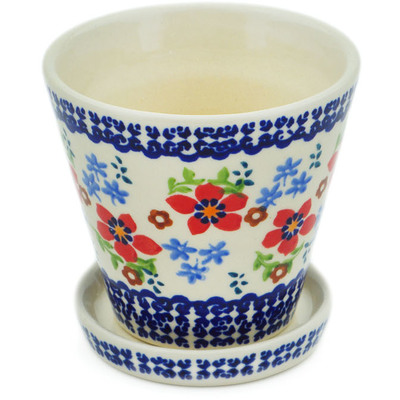 Polish Pottery Planter 4&quot; Red Flower Meadow