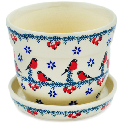 Polish Pottery Planter 5&quot; Winter Bullfinch