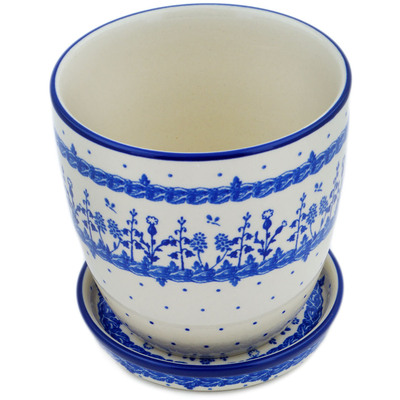 Polish Pottery Planter 6&quot; Blue Flower Circle