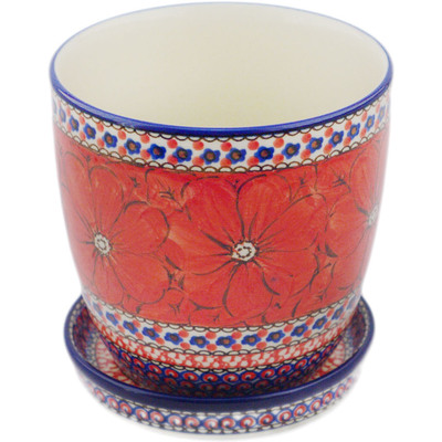 Polish Pottery Planter 6&quot; Crimson Poppies UNIKAT