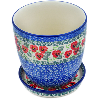 Polish Pottery Planter 6&quot; Delicate Red Flowers