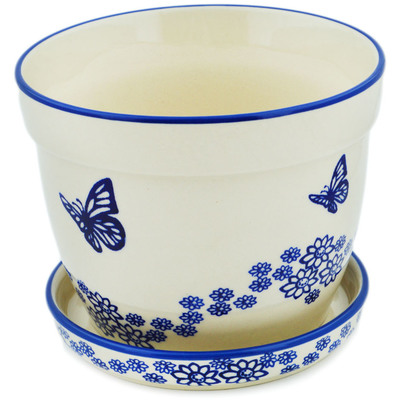 Polish Pottery Planter 7&quot; Cobalt Butterfly