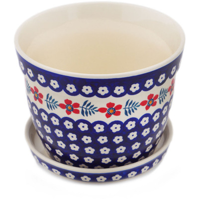 Polish Pottery Planter 7&quot; Poppies And Ferns