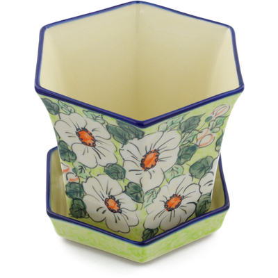 Polish Pottery Planter 7&quot; White Flower Bouquet UNIKAT