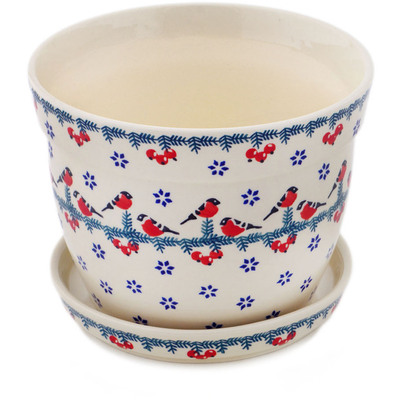 Polish Pottery Planter 7&quot; Winter Bullfinch