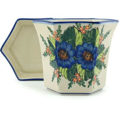 Polish Pottery Planter 8&quot; Blue Bouquet UNIKAT
