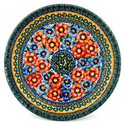 Polish Pottery Plate 10&quot; Blue And Red Poppies UNIKAT
