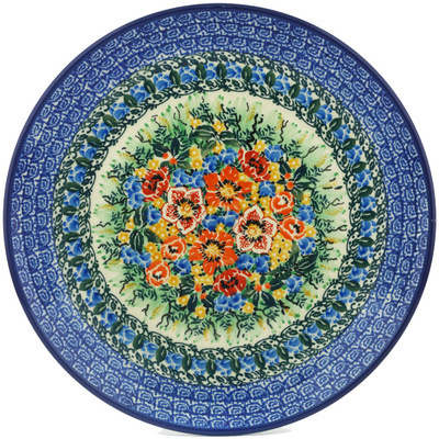 Polish Pottery Plate 10&quot; Blue Daisy Bouquet UNIKAT