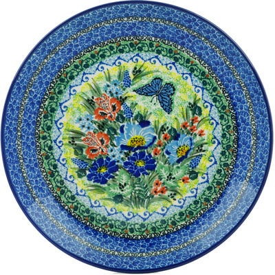 Polish Pottery Plate 10&quot; Blue Monarch Garden UNIKAT