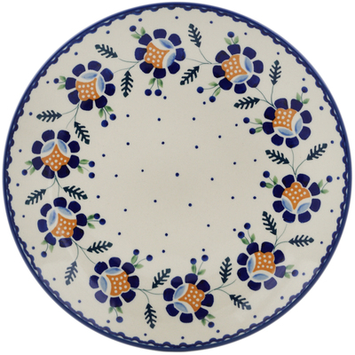 Polish Pottery Plate 10&quot; Orange And Blue Flower