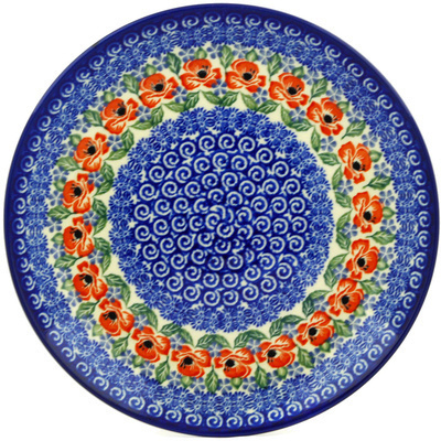 Polish Pottery Plate 10&quot; Red Poppies On Blue