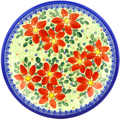 Polish Pottery Plate 10&quot; Snow Coral Zinnias UNIKAT