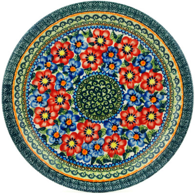 Polish Pottery Plate 11&quot; Blue And Red Poppies UNIKAT