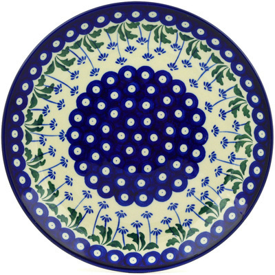 Polish Pottery Plate 11&quot; Blue Daisy Peacock
