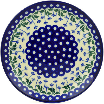 Polish Pottery Plate 11" Blue Daisy Peacock