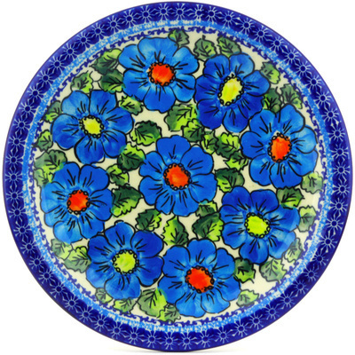 Polish Pottery Plate 11&quot; Bold Blue Poppies UNIKAT