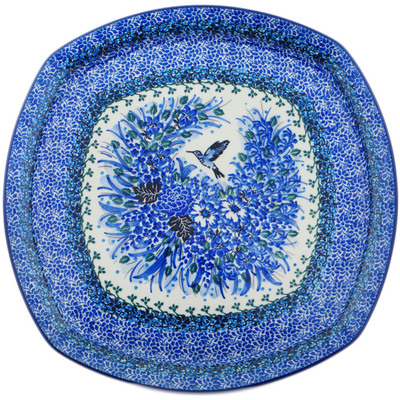 Polish Pottery Plate 12&quot; Hummingbird Blue UNIKAT
