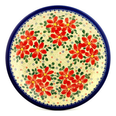 Polish Pottery Plate 12&quot; Snow Coral Zinnias UNIKAT