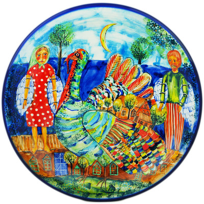 Polish Pottery Plate 13&quot; Birds Of A Feather UNIKAT