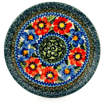 Polish Pottery Plate 6&quot; Blue And Red Poppies UNIKAT