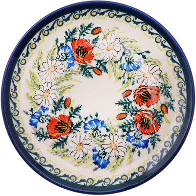 Polish Pottery Plate 6&quot; Scarlet Poppy And White Daisy Wreath UNIKAT