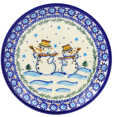 Polish Pottery Plate 7&quot; Friendly Snowmen