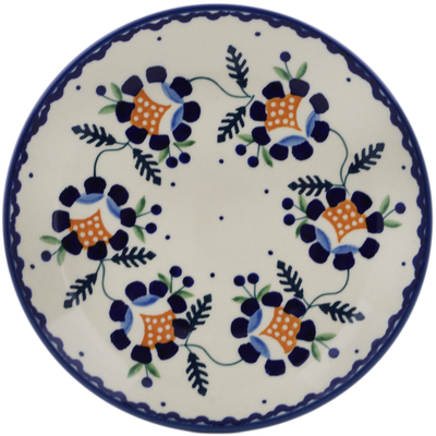 Polish Pottery Plate 7&quot; Orange And Blue Flower
