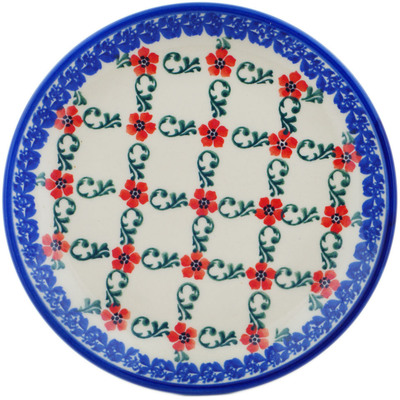 Polish Pottery Plate 7&quot; Red Flower Lattice