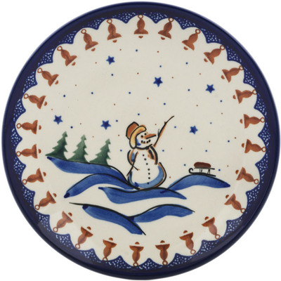 Polish Pottery Plate 7&quot; Snowman Bells