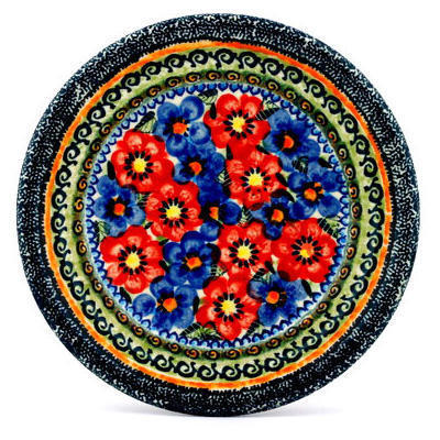 Polish Pottery Plate 8&quot; Blue And Red Poppies UNIKAT