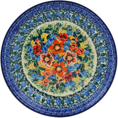 Polish Pottery Plate 8&quot; Blue Daisy Bouquet UNIKAT