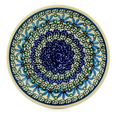 Polish Pottery Plate 8&quot; Blue Fan Flowers
