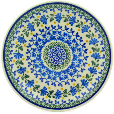 Polish Pottery Plate 8&quot; Blue Fan Flowers