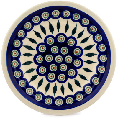 Polish Pottery Plate 8&quot; Peacock Leaves
