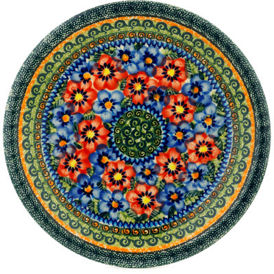 Polish Pottery Plate 9&quot; Blue And Red Poppies UNIKAT