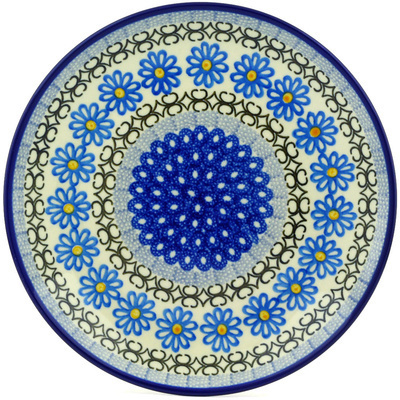 Polish Pottery Plate 9&quot; Blue Daisy Chain