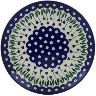 Polish Pottery Plate 9&quot; Blue Tulip Peacock