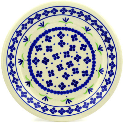 Polish Pottery Plate 9&quot; Four Dot Flowers