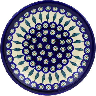 Polish Pottery Plate 9&quot; Peacock Leaves
