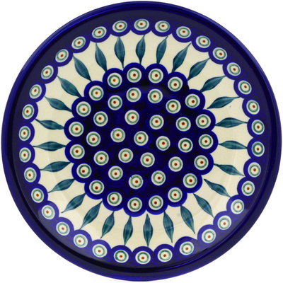 Polish Pottery Plate 9&quot; Peacock Leaves