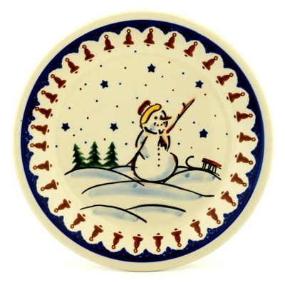 Polish Pottery Plate 9&quot; Snowman Bells