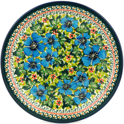 Polish Pottery Plate 9&quot; Vibrant Blue Flowers UNIKAT