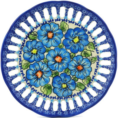 Polish Pottery Plate with Holes 9&quot; Bold Blue Poppies UNIKAT