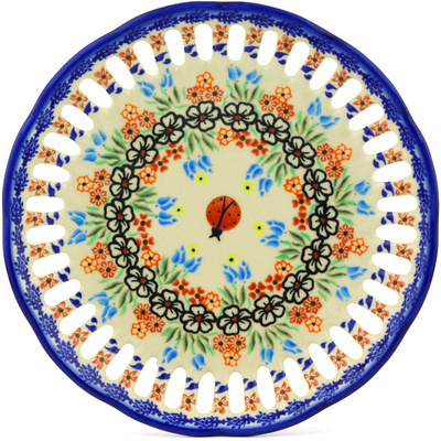 Polish Pottery Plate with Holes 9&quot; Fanciful Ladybug