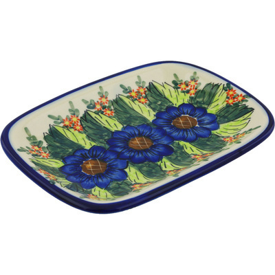 Polish Pottery Platter 10&quot; Blue Bouquet UNIKAT