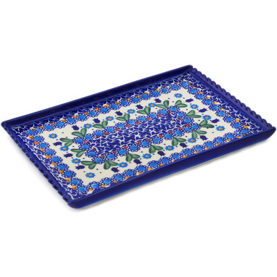Polish Pottery Platter 10&quot; Blue Tulip Garden UNIKAT
