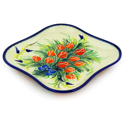 Polish Pottery Platter 10&quot; Tulip Bouquet UNIKAT