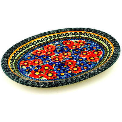 Polish Pottery Platter 11&quot; Blue And Red Poppies UNIKAT