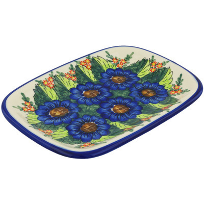 Polish Pottery Platter 11&quot; Blue Bouquet UNIKAT